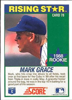 1989 Score Hottest 100 Rising Stars #78 Mark Grace Back