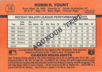 1990 Donruss Aqueous Test #146 Robin Yount Back