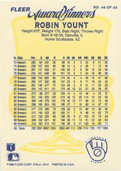 1990 Fleer Award Winners #44 Robin Yount Back