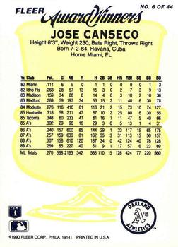 1990 Fleer Award Winners #6 Jose Canseco Back