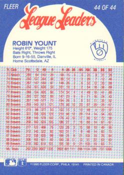 1990 Fleer League Leaders #44 Robin Yount Back