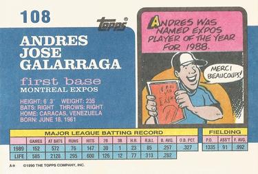 1990 Topps Big #108 Andres Galarraga Back