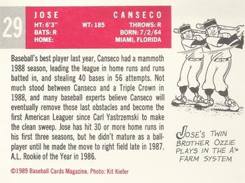 1989 Baseball Cards Magazine '59 Topps Replicas #29 Jose Canseco Back