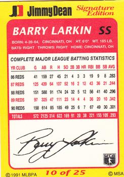 1991 Jimmy Dean Signature Edition #10 Barry Larkin Back