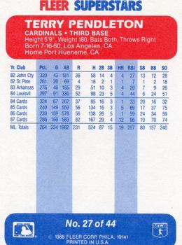 1988 Fleer SuperStars #27 Terry Pendleton Back