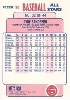1990 Fleer Baseball All-Stars #32 Ryne Sandberg Back