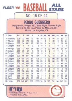 1990 Fleer Baseball All-Stars #16 Pedro Guerrero Back