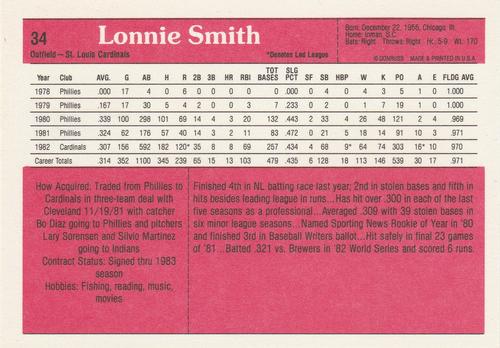 1983 Donruss Action All-Stars #34 Lonnie Smith Back