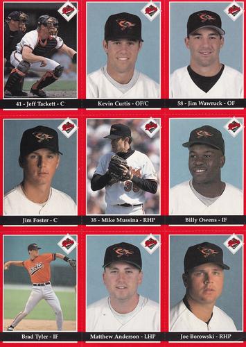 1994 Baltimore Orioles Program Cards - Uncut Sheets #NNO Jeff Tackett / Kevin Curtis / Jim Wawruck / Jim Foster / Mike Mussina / Billy Owens / Brad Tyler / Matt Anderson / Joe Borowski Front