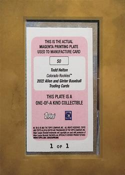 2022 Topps Allen & Ginter - Mini Framed Printing Plate Magenta #50 Todd Helton Back