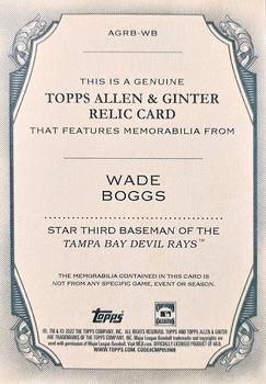 2022 Topps Allen & Ginter - Full-Size Relics B Design #AGRB-WB Wade Boggs Back