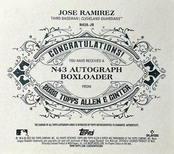 2022 Topps Allen & Ginter - N43 Boxloaders Autographs #N43A-JR Jose Ramirez Back