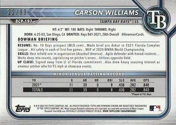 2022 Bowman Chrome - Prospects Green Shimmer Refractor #BCP-197 Carson Williams Back