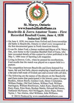 2002-23 Canadian Baseball Hall of Fame #184/14 Beachville & Zorra Amateur teams Back
