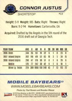 2019 Choice Mobile BayBears #13 Connor Justus Back