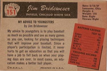 1955 Bowman #151 Jim Brideweser Back