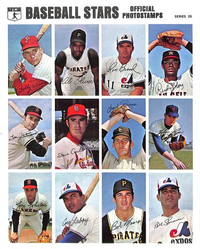 1969-70 MLB/MLBPA Baseball Stars Photostamps - Uncut Sheets #20 Bobby Wine / Al Oliver / Ron Brand / Rudy May / Tom Satriano / Steve Carlton / Frank Reberger / Nolan Ryan / Jay Johnstone / Coco Laboy / Bob Moose / Bill Stoneman Front