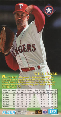 1994 Fleer Extra Bases #177 Will Clark Back