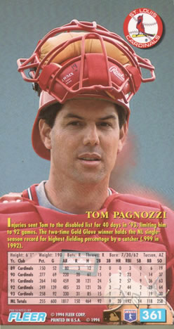 1994 Fleer Extra Bases #361 Tom Pagnozzi Back