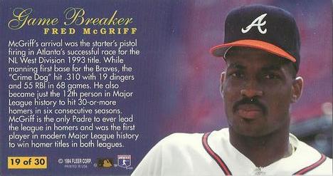 1994 Fleer Extra Bases - Game Breakers #19 Fred McGriff Back