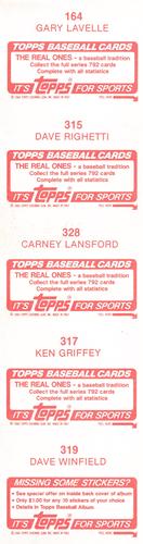 1984 Topps Stickers - Test Strips #164 / 315 / 317 / 319 / 328 Gary Lavelle / Dave Righetti / Carney Lansford / Ken Griffey / Dave Winfield Back