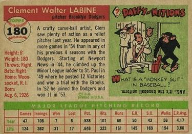 1955 Topps #180 Clem Labine Back