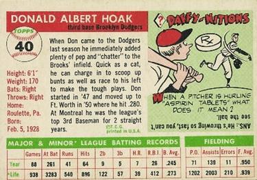 1955 Topps #40 Don Hoak Back