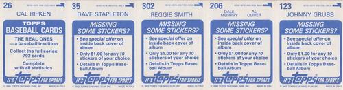 1983 Topps Stickers - Test Strips #NNO Johnny Grubb / Dale Murphy / Al Oliver / Reggie Smith / Dave Stapleton / Cal Ripken Jr. Back