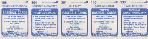 1983 Topps Stickers - Test Strips #NNO Paul Molitor / Milt May / Johnnie LeMaster / Rickey Henderson Back