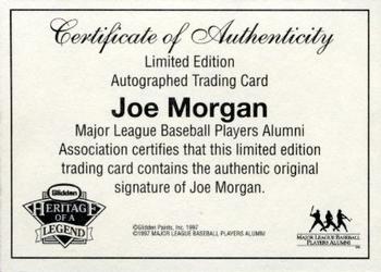 1997 Glidden Heritage of a Legend - Certificates of Authenticity #NNO Joe Morgan Front