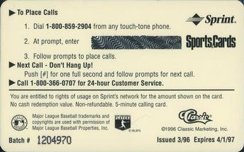 1996 Classic Sprint $5 Phone Cards #NNO Cal Ripken Jr. Back