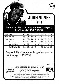 2023 Choice New Hampshire Fisher Cats #18 Juan Nunez Back