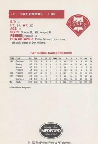 1992 Medford Philadelphia Phillies Photocards - Update #NNO Pat Combs Back