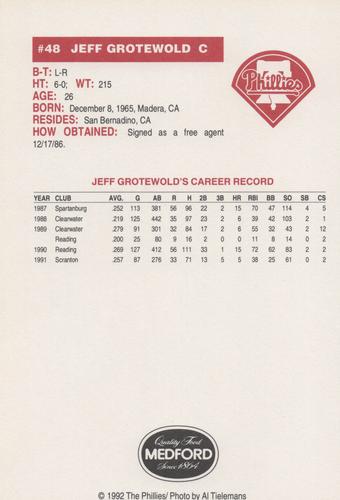 1992 Medford Philadelphia Phillies Photocards - Update #NNO Jeff Grotewold Back