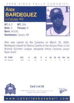 2008 MultiAd Sioux Falls Canaries #3 Alex Bardeguez Back