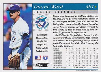1994 Score #481 Duane Ward Back