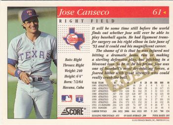 1994 Score - Gold Rush #61 Jose Canseco Back