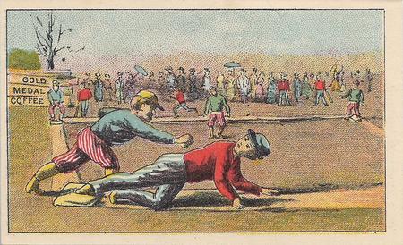 1880 Gold Medal Coffee Series Baseball Comics (H804-33) #NNO First baseman about to tag a sliding runner Front