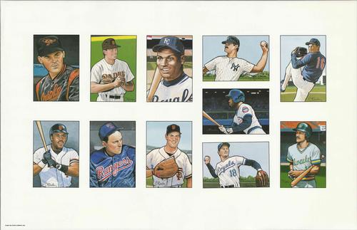 1990 Bowman - Lithograph 11x17 #NNO Gregg Olson / Mark Davis / Bo Jackson / Don Mattingly / Dwight Gooden / Jerome Walton / Kevin Mitchell / Nolan Ryan / Will Clark / Bret Saberhagen / Robin Yount Front