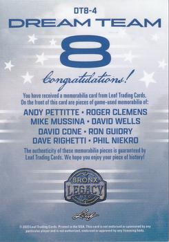 2023 Leaf A Bronx Legacy - Dream Team 8s Relics Platinum Holofoil #DT8-4 Andy Pettitte / Roger Clemens / Mike Mussina / David Wells / David Cone / Ron Guidry / Dave Righetti / Phil Niekro Back