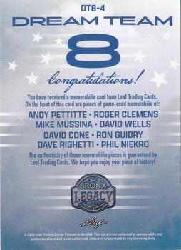 2023 Leaf A Bronx Legacy - Dream Team 8s Relics Purple Holofoil #DT8-4 Andy Pettitte / Roger Clemens / Mike Mussina / David Wells / David Cone / Ron Guidry / Dave Righetti / Phil Niekro Back