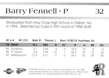 1998 Multi-Ad Rockford Cubbies #NNO Barry Fennell Back