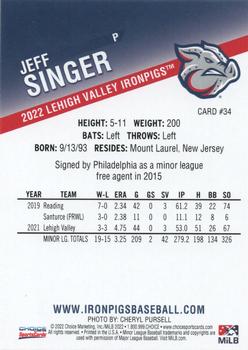 2022 Choice Lehigh Valley IronPigs #34 Jeff Singer Back