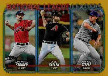 2024 Topps - Gold Foil #309 National League Leaders Wins (Spencer Strider / Zac Gallen / Justin Steele) Front