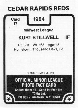 1987 TCMA Collectors Kits Reprints - 1984 Cedar Rapids Reds #17 Kurt Stillwell Back