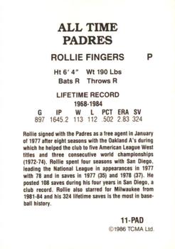 1987 TCMA Collectors Kits Reprints - 1986 All-Time San Diego Padres - Color #11-PAD Rollie Fingers Back