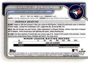 2024 Bowman - Chrome Prospects Aqua Shimmer Refractors #BCP-53 Enmanuel Bonilla Back