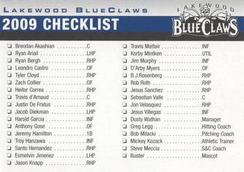 2009 MultiAd Lakewood BlueClaws #1 Header Card / Checklist Back