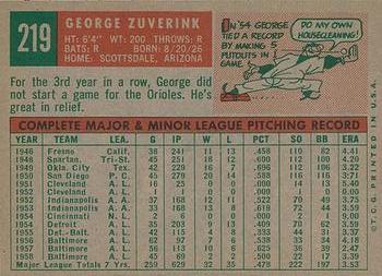 1959 Topps #219 George Zuverink Back