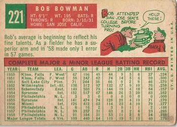 1959 Topps #221 Bob Bowman Back